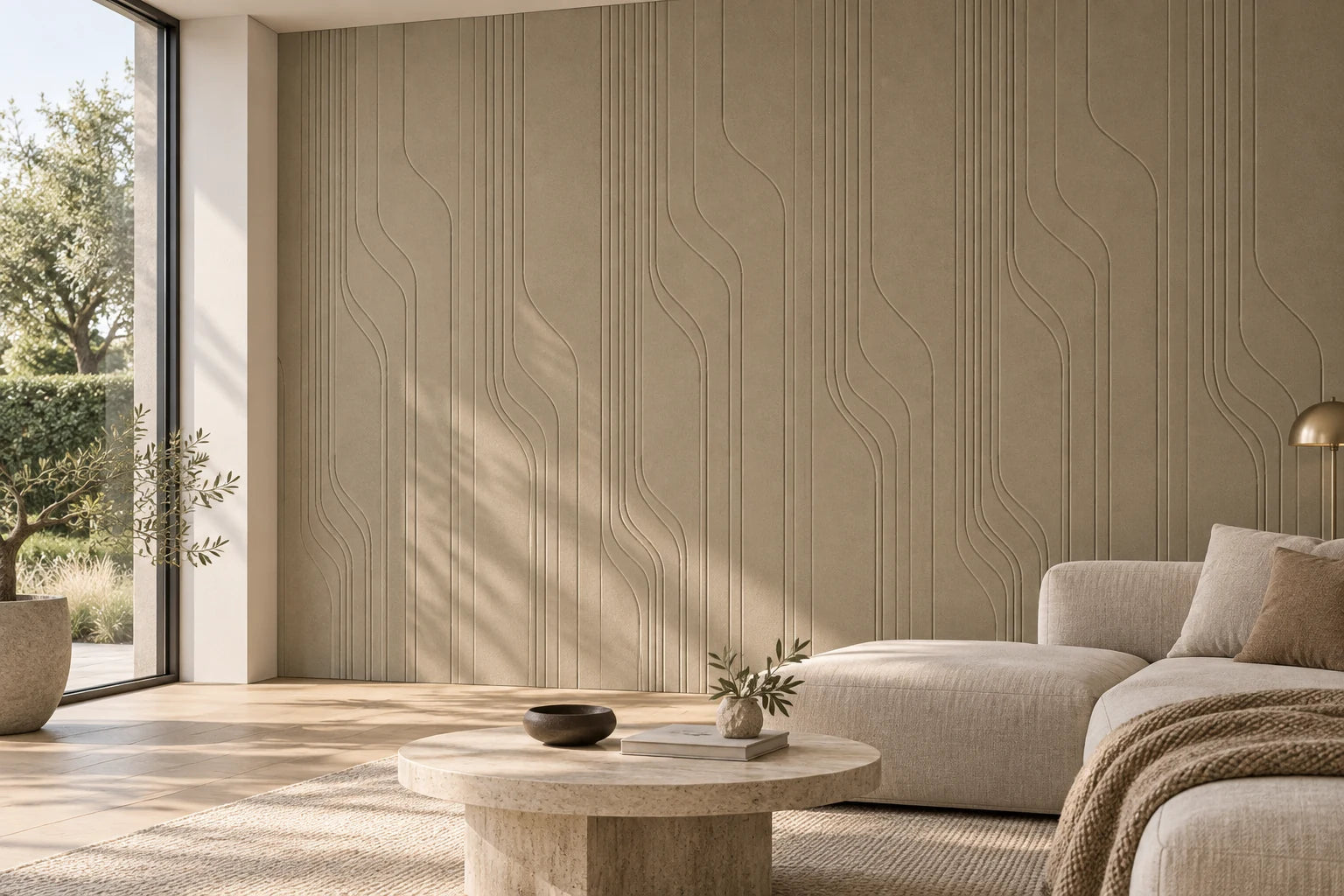 AI-interieurimpressie van STRATA V-cut in een woonkamer